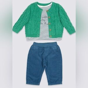 NWT M&S 3-pc Set Cable Knit Cardigan, Striped Top and Cords